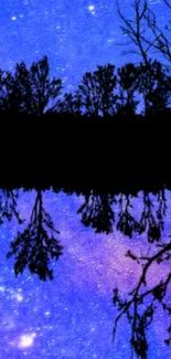 Starry night sky with black tree silhouette and vibrant blue hues.