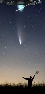 Silhouette with tennis racket under starry sky and UFO presence.