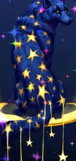 Blue wolf with stars on dark background.