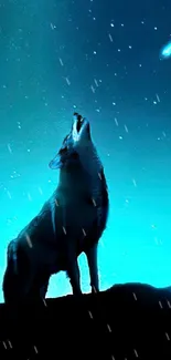 Wolf howling under a starry night sky with shooting star.