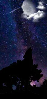 Silhouette of a wolf howling under a star-filled night sky with a visible moon.