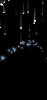 Cascading stars on a black night sky background for mobile wallpaper.