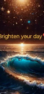 Inspirational ocean wave and stars wallpaper with 'Brighten your day' text.