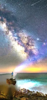 A starry night sky with Milky Way over ocean cliffs, illuminated by a lone figure.