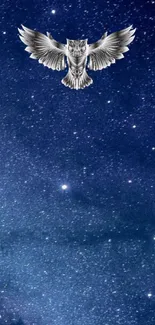 Silver owl flying in a starry night sky wallpaper.