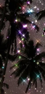 Palm silhouettes against a starry, colorful night sky.