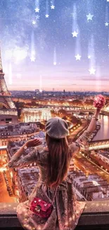 Woman admires the Eiffel Tower under a starry Paris night sky.