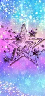 Colorful star-themed wallpaper with pastel pink, purple, and blue hues.