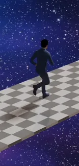 A person walks on a checkered path through a starry galaxy background.