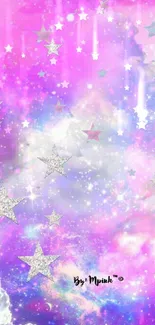 Pink and purple cosmic wallpaper with stars and clouds.