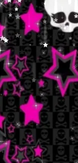 Pink stars and skull mobile wallpaper with black background.