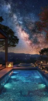 A serene poolside view under a vast starry night sky.