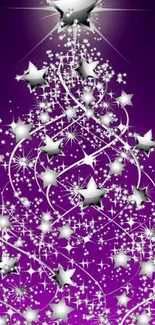 Silver starry Christmas tree on purple background wallpaper.