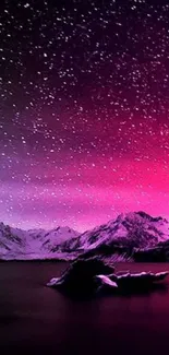 Purple night sky with stars and mountain landscape.