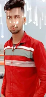 Man in red shirt with starry effect background.