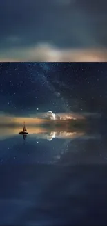 Sailing boat under starry night sky with serene reflections.