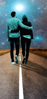 Couple walking under a starry sky on a quiet road.