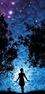 Silhouette of a person under a starry night sky with trees.