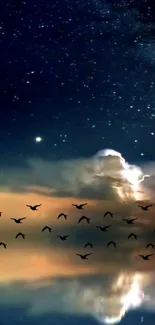 Starry night sky over a calm lake reflecting clouds and flying birds.