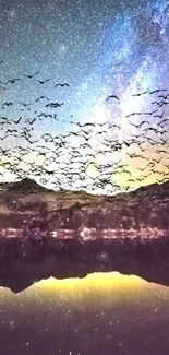 Starry night sky with birds flying over reflected mountains.