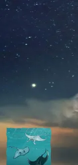 Starry night sky over animated ocean creatures.