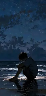 Anime boy sitting by the ocean at night under a starry sky.