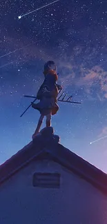 Anime character under starry night sky on a rooftop.