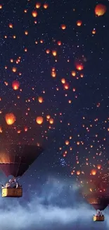 Hot air balloons float under a starry night sky.