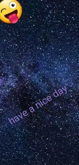 Starry night sky wallpaper with emoji and 'have a nice day' text.