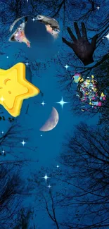 Fantasy starry night with yellow star and moon in serene blue forest.