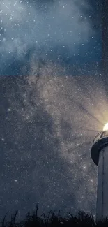 Starry sky over a lighthouse emitting light.