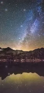 Starry sky above mountain silhouettes reflected on a lake.