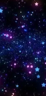 Starry sky with blue and pink stars against a black background.