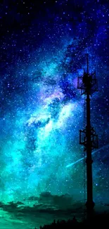 Starry sky nightscape wallpaper with tower silhouette.