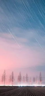 Starry night sky over a tranquil forest landscape with soft clouds.