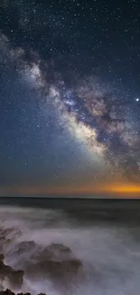 Breathtaking view of the Milky Way galaxy stretching over the ocean horizon at night.