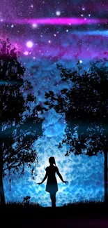 Silhouette of a girl under a starry sky with trees, perfect for phone wallpaper.