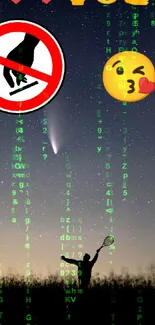 Silhouette with racket under a starry night sky, emojis above.