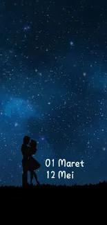 Silhouette couple under a starry night sky with tree.