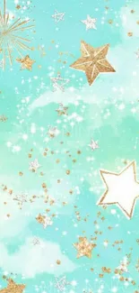 Turquoise wallpaper with golden stars and cosmic theme.