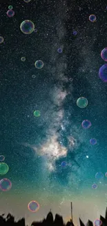 Starry sky with colorful bubbles in space.