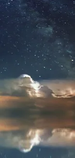 Starry sky with glowing clouds and reflection on water.