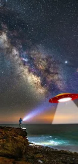 Starry sky with a UFO over the ocean at night.