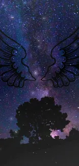 Mystical starry night sky with illustrated wings silhouette.