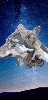 Illustrative wolf head against a starry sky backdrop.