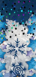 Colorful stars and snowflakes on a blue background.