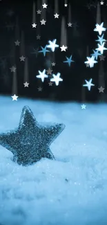 Glittering star on snowy surface with starry night sky.