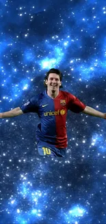 Soccer player celebrating in a starry blue cosmic background.