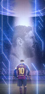 Soccer player in stadium with cosmic starry sky.