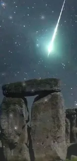 Starry night sky over Stonehenge with a bright meteor.